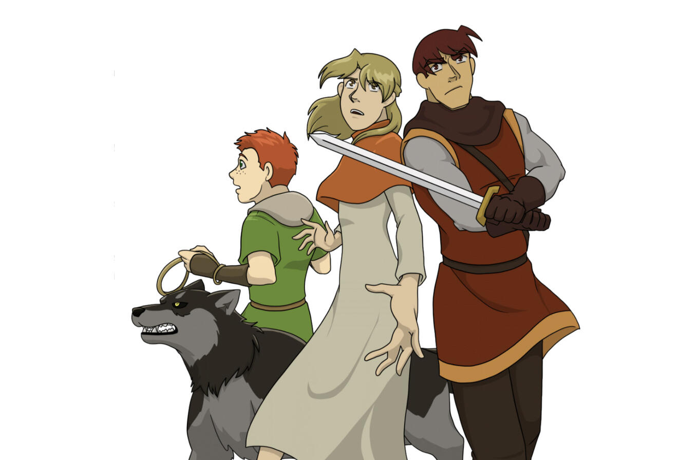 Chorus to Dero characters, Cain, a knight with a sword held defensively, Larkspur, a cleric in a cowl and simple gown, Guile, a child in green, and Rori, a grey wolf, look off in the distance at an unknown foe.